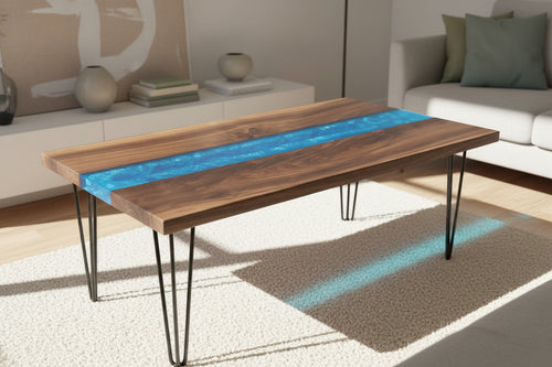Wooden table with blue resin inlay 