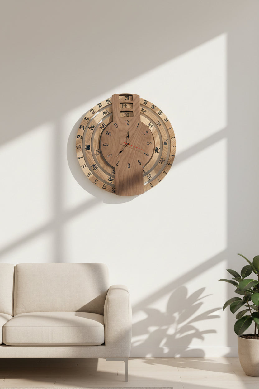 Wooden wall clock with calendar and time display 