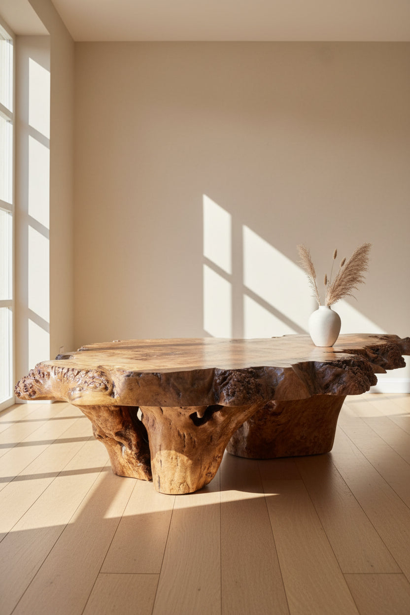 Wooden table with a natural, rustic finish on a wooden floor.