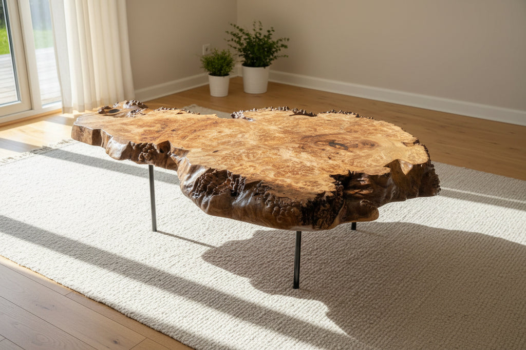 Wooden coffee table with a natural, burl-patterned top on a wooden floor.