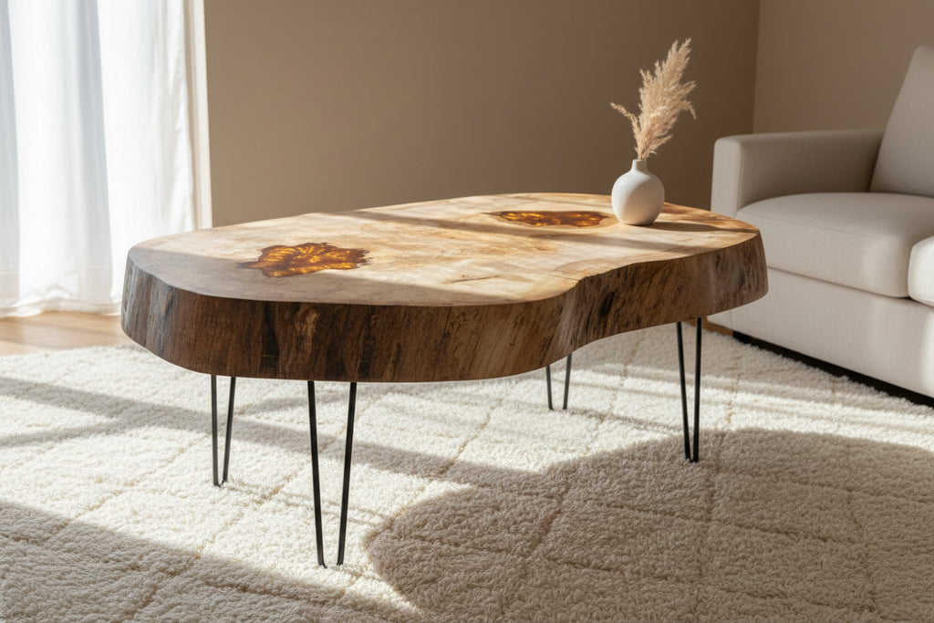 Wooden table with a natural finish and embedded decorative element 