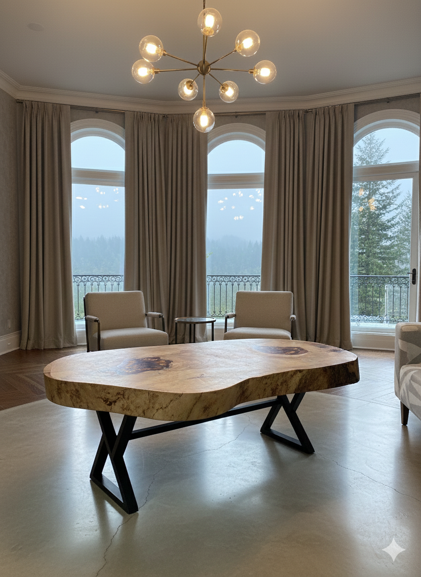 Living room with a wooden coffee table, chairs, and large windows.