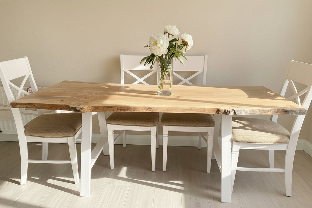 Dining room with a wooden live edge table